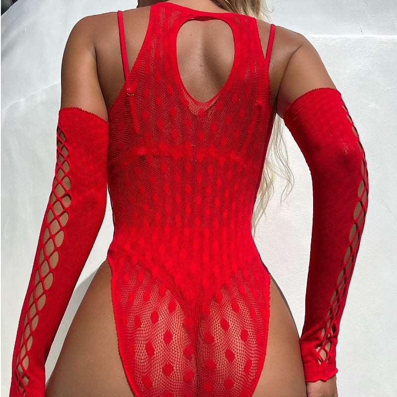 Domlust Dark Red Cross-Border Popular Fishnet Hollow Out Bikini Cover-up Grid Lingerie