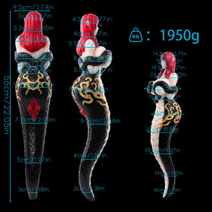 Snake Queen Sex Doll | Fantasy Serpent Goddess Stroker — Red-Haired Pointed-Ear Figurine, Black Snake-Scale Body, Gold Baroque Relief & Multi-Spiral Vaginal Channel in Platinum Silicone