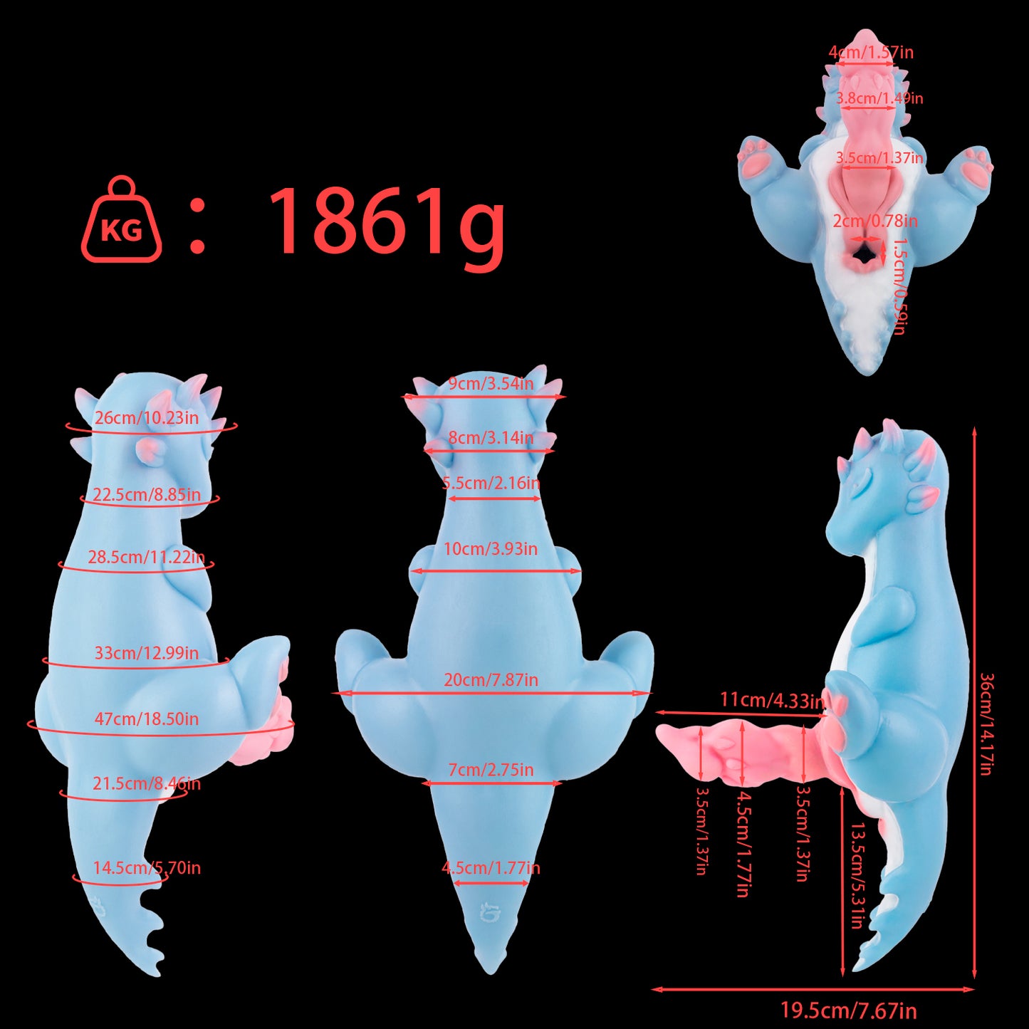 Jouet sexuel Pocket Dragon — Silicone platine, Bête fantastique bleue, Manche rose texturé et Canal de stimulation interne