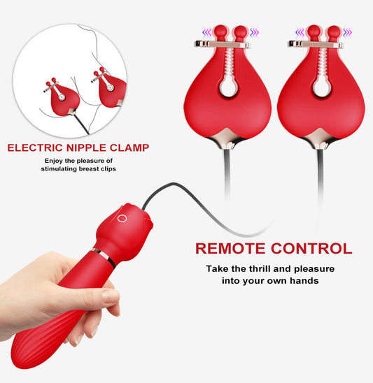G Spot Vibrating Dildo Double Nipple Clamps Vibrator - 2-in-1 Rose Sex Toy for Women