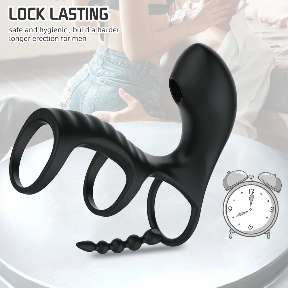 Remote Control Oral Clit Sucking Anal Beads Double Cock Ring - 3-in-1 Couple Sex Toys.