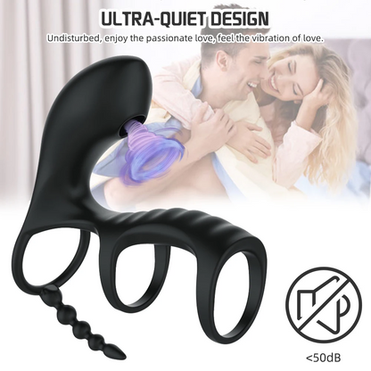 Remote Control Oral Clit Sucking Anal Beads Double Cock Ring - 3-in-1 Couple Sex Toys.