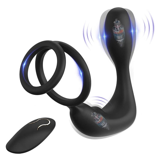Remote Control Male Anal Toy - Dual Cock Ring Penis Trainer Vibrating Anal Plug