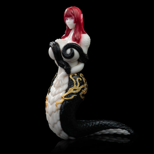 Snake Queen Sex Doll | Fantasy Serpent Goddess Stroker — Red-Haired Pointed-Ear Figurine, Black Snake-Scale Body, Gold Baroque Relief & Multi-Spiral Vaginal Channel in Platinum Silicone