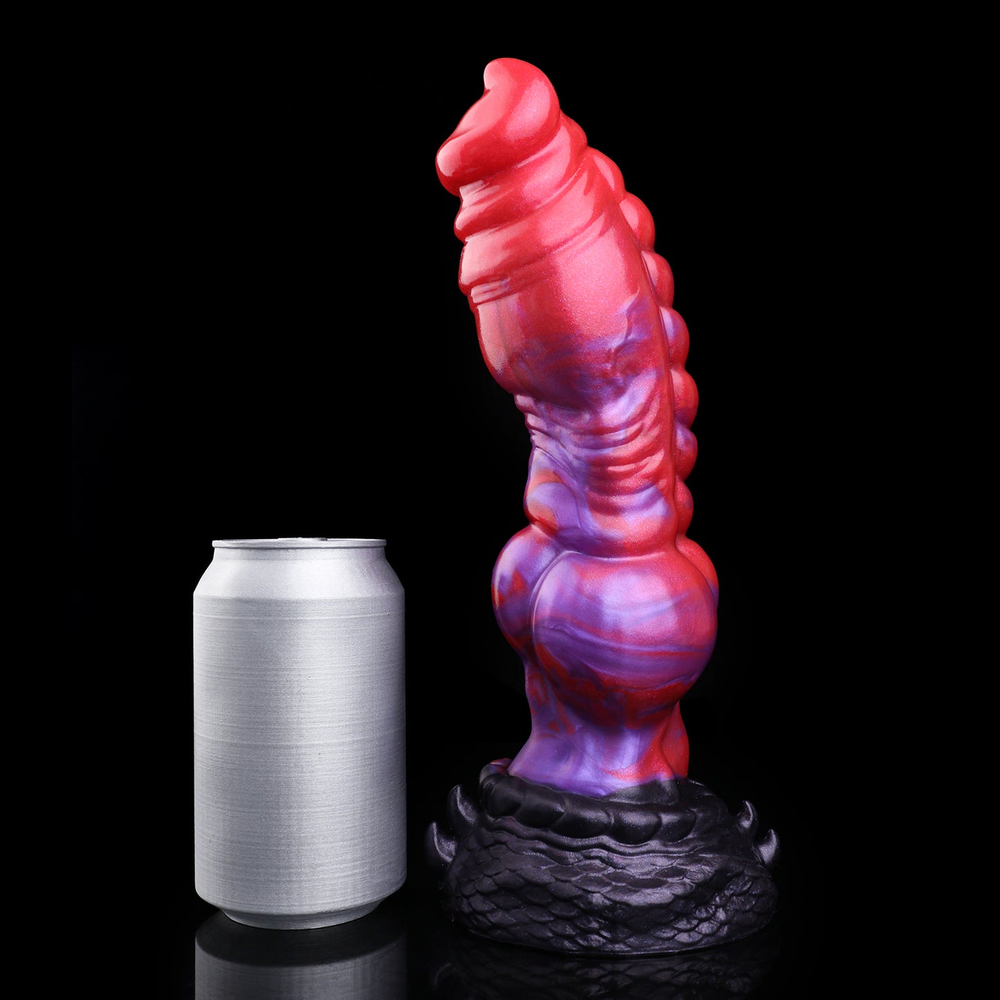 Crimson Coil — Fantasy Dog Dildo in Platinum Silicone, Red-Violet Pearl Marble, Segmented Glans, Ball-Row Shaft & Scale-Carved Suction Base