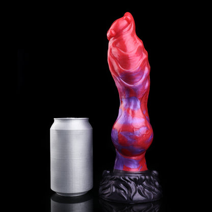 Scarlet Fang — Fantasy Dog Dildo in Platinum Silicone, Crimson-Violet Cloud Marble, Four-Nub Glans & Fur-Textured Suction Base