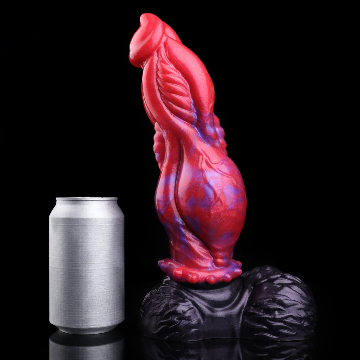 Obsidian Rift — Organic Muscle-Carved Fantasy Dog Dildo in Platinum Silicone, Crimson-Violet Marble, Spine Collar & Scale-Textured Testicle Base