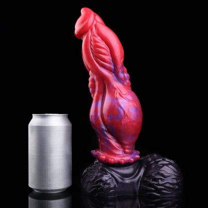 Obsidian Rift — Organic Muscle-Carved Fantasy Dog Dildo in Platinum Silicone, Crimson-Violet Marble, Spine Collar & Scale-Textured Testicle Base