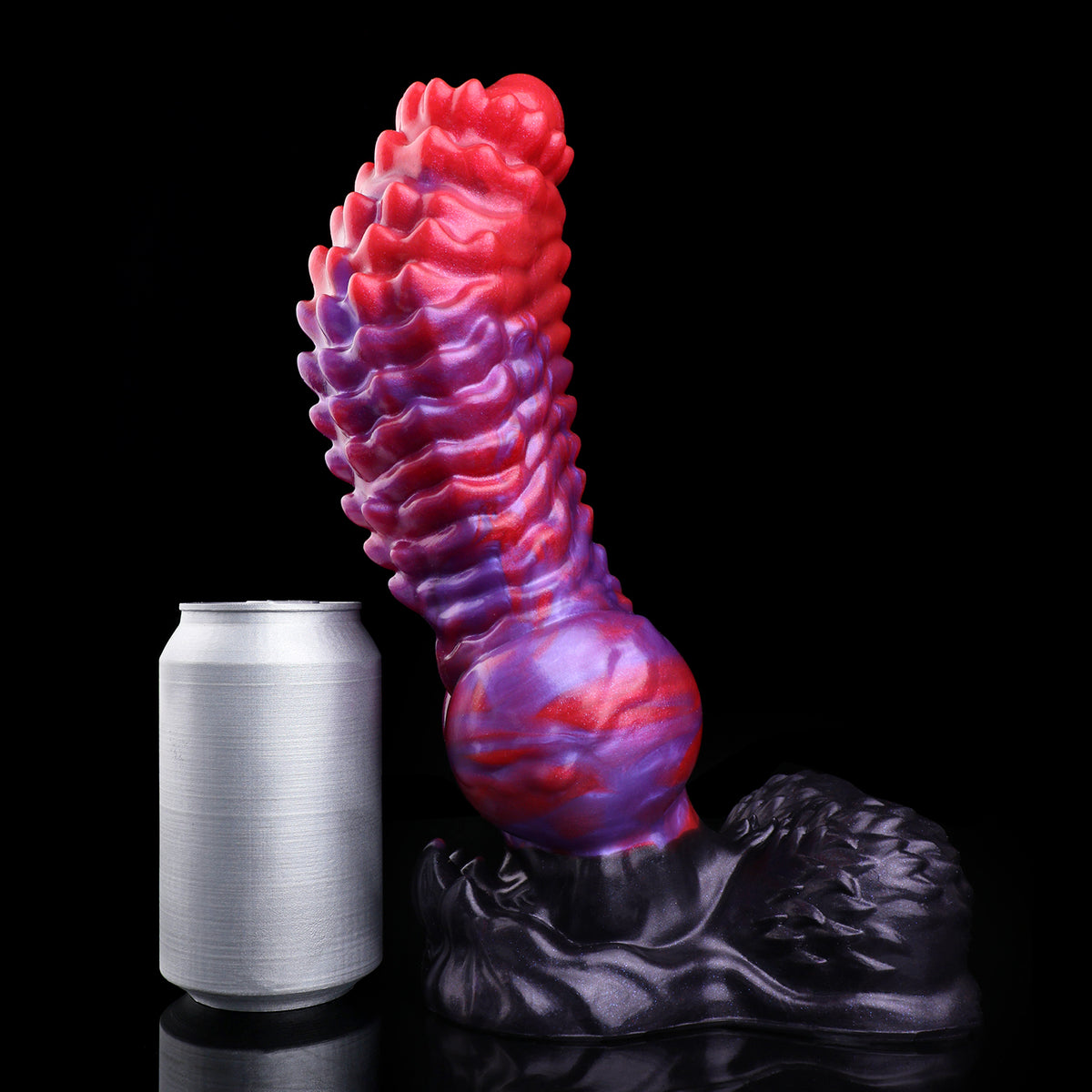 Void Spine — Full-Coverage Textured Fantasy Dog Dildo in Platinum Silicone, Purple-Crimson Pearl Marble, Ringed Spine Shaft & Testicle Suction Base