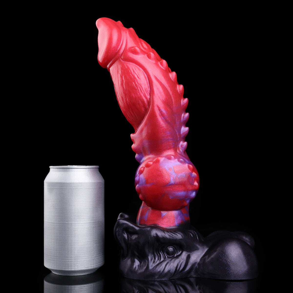 Crimson Beast — Fantasy Dog Dildo in Platinum Silicone, Red-Purple Marble, Barbed Shaft, Knot & Suction Base