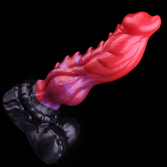 Inferno Drake — Fantasy Dragon Dog Dildo in Platinum Silicone, Red-Violet Marble, Dorsal Spine Barbs & Sculpted Base