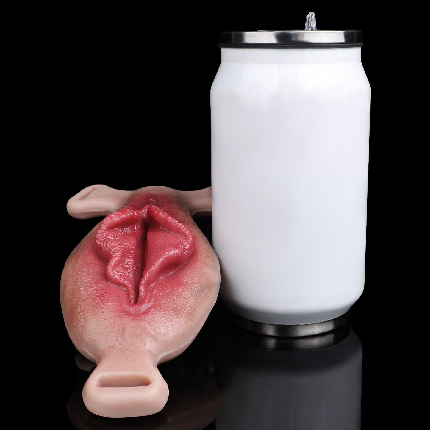 Closed Labia Fake Vagina Strap-On with Mouth & Tongue Stimulator — Platinum Silicone Wearable Vulva Massager for Solo & Couples Play
