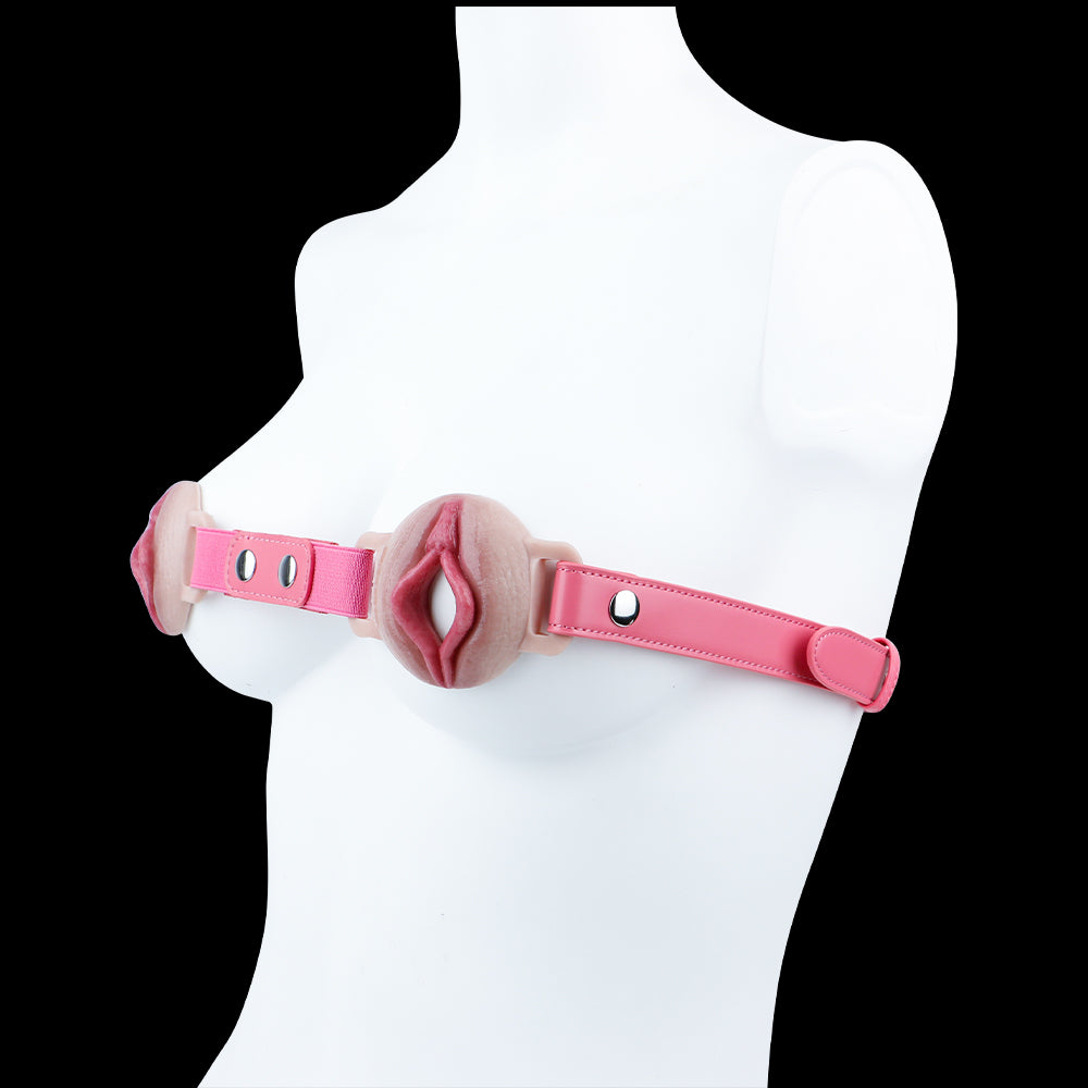 3D Vulva Chest Harness — Realistic Silicone BDSM Toys Body Strap with Open-Cup Nipple Display & Leather Band
