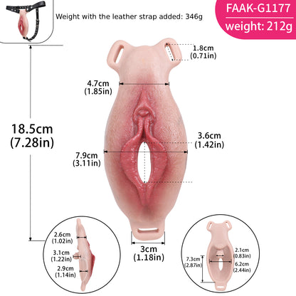 Open Labia Vibrating Fake Vagina Strap-On — Hyper-Realistic Platinum Silicone Wearable Vulva Massager with Remote Control & Dual Stimulation