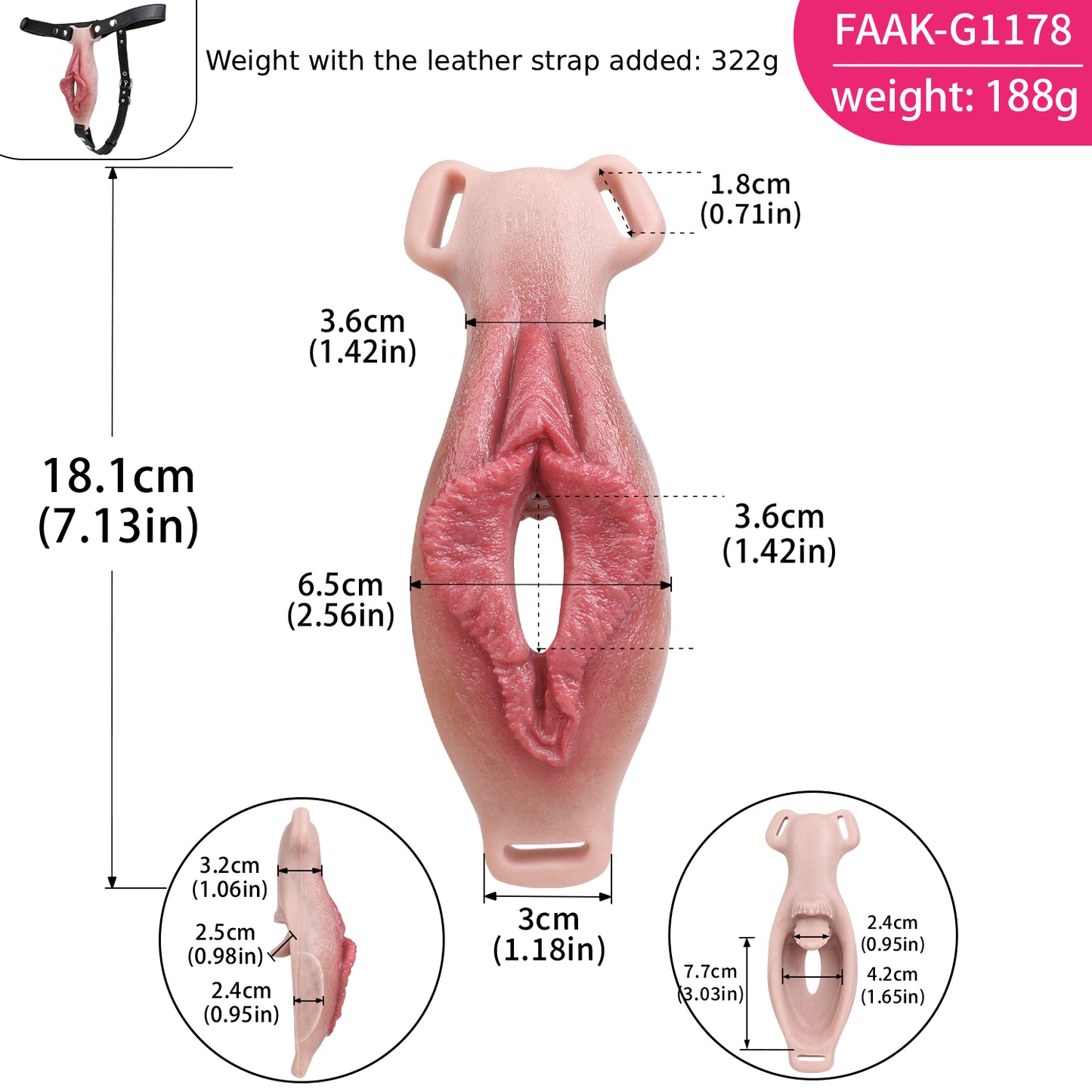 Everted Labia Fake Vagina Strap-On with Tongue Stimulator — Platinum Silicone Wearable Vulva Massager with Remote Vibration & Open-Centre Design