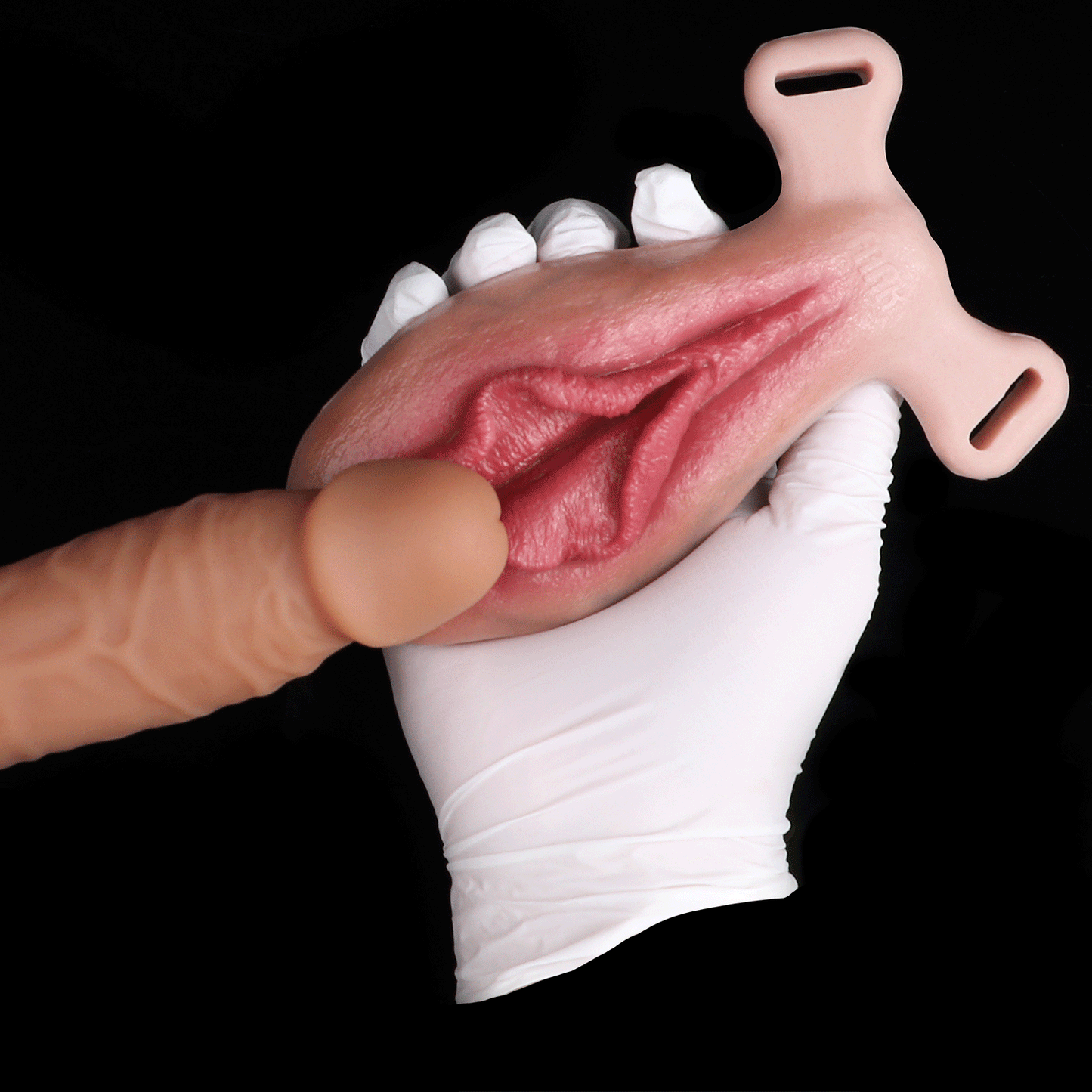 Closed Labia Fake Vagina Strap-On with Mouth & Tongue Stimulator — Platinum Silicone Wearable Vulva Massager for Solo & Couples Play