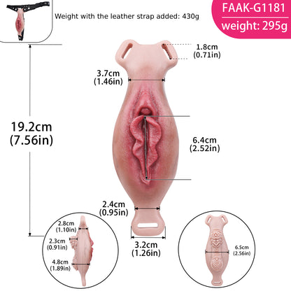 Organic Texture Fake Vagina Strap-On with Waist & Thigh Harness — Platinum Silicone Wearable Vulva Massager with Complex Rear Stimulation & Remote Vibration