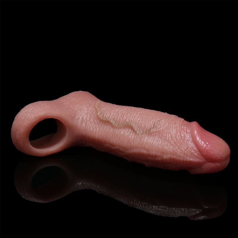 Ultra-Realistic Liquid Silicone Cock Sleeve Textured Penis Extender Sheath with Erection Ring & Ejaculation Tip for Couples Play