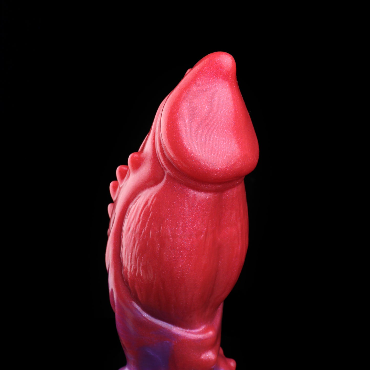 Crimson Beast — Fantasy Dog Dildo in Platinum Silicone, Red-Purple Marble, Barbed Shaft, Knot & Suction Base