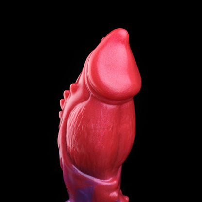 Crimson Beast — Fantasy Dog Dildo in Platinum Silicone, Red-Purple Marble, Barbed Shaft, Knot & Suction Base