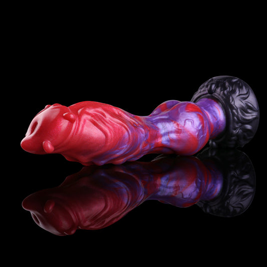 Scarlet Fang — Fantasy Dog Dildo in Platinum Silicone, Crimson-Violet Cloud Marble, Four-Nub Glans & Fur-Textured Suction Base
