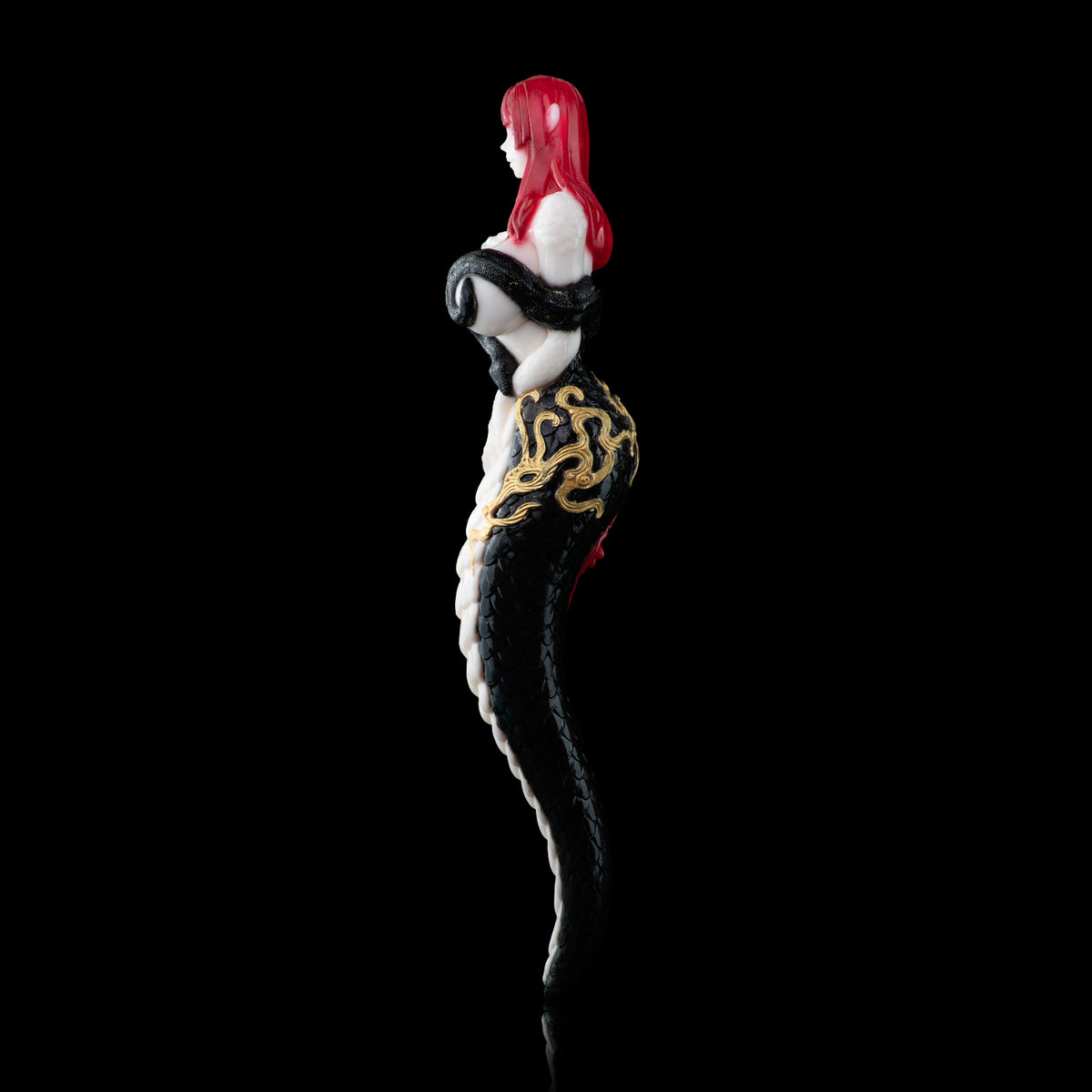 Snake Queen Sex Doll | Fantasy Serpent Goddess Stroker — Red-Haired Pointed-Ear Figurine, Black Snake-Scale Body, Gold Baroque Relief & Multi-Spiral Vaginal Channel in Platinum Silicone