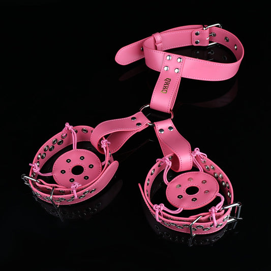 Spiked Leather Nipple Stimulators with Collar Harness — Lift, Expose & Tease in Pink or Black