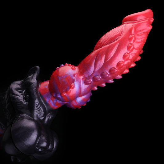 Crimson Beast — Fantasy Dog Dildo in Platinum Silicone, Red-Purple Marble, Barbed Shaft, Knot & Suction Base