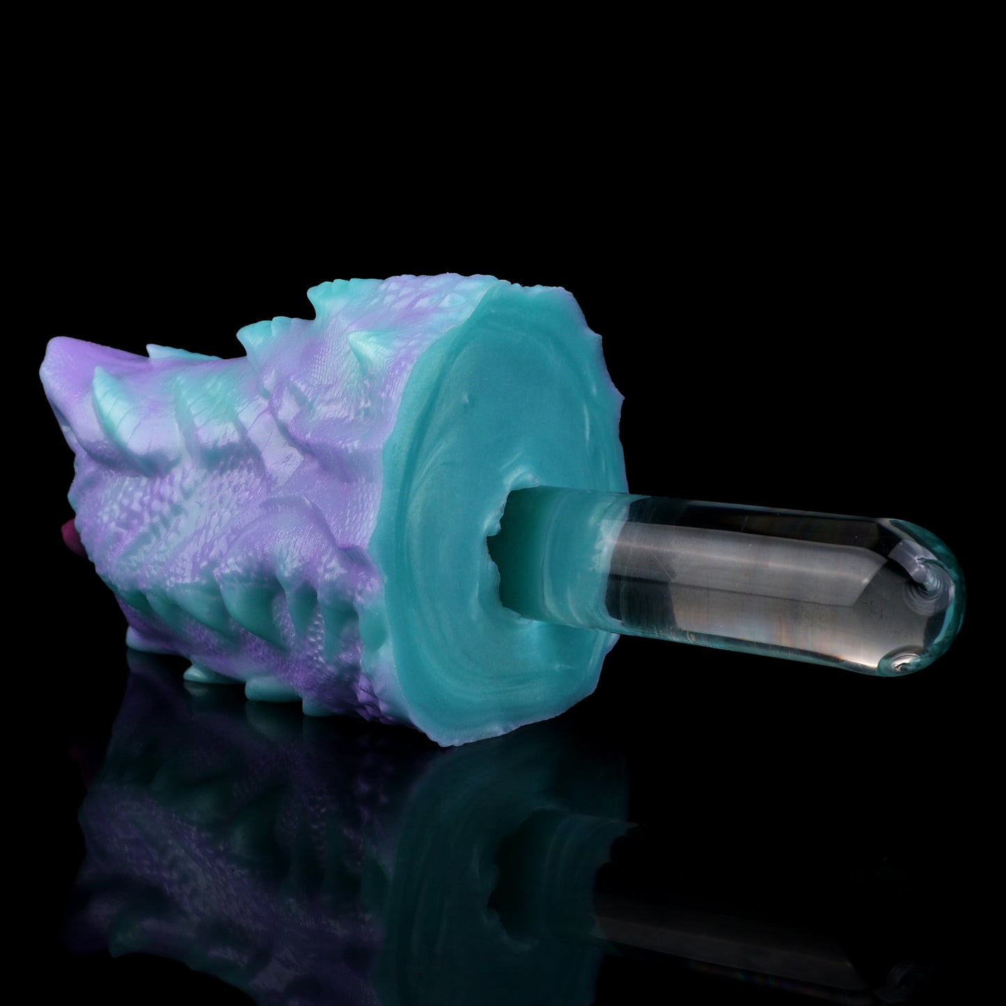 Dragon Mouth Pocket Pussy — Platinum Silicone Fantasy Dragon Masturbator in Teal & Purple with Scale Texture, Horns & Single-Channel Design