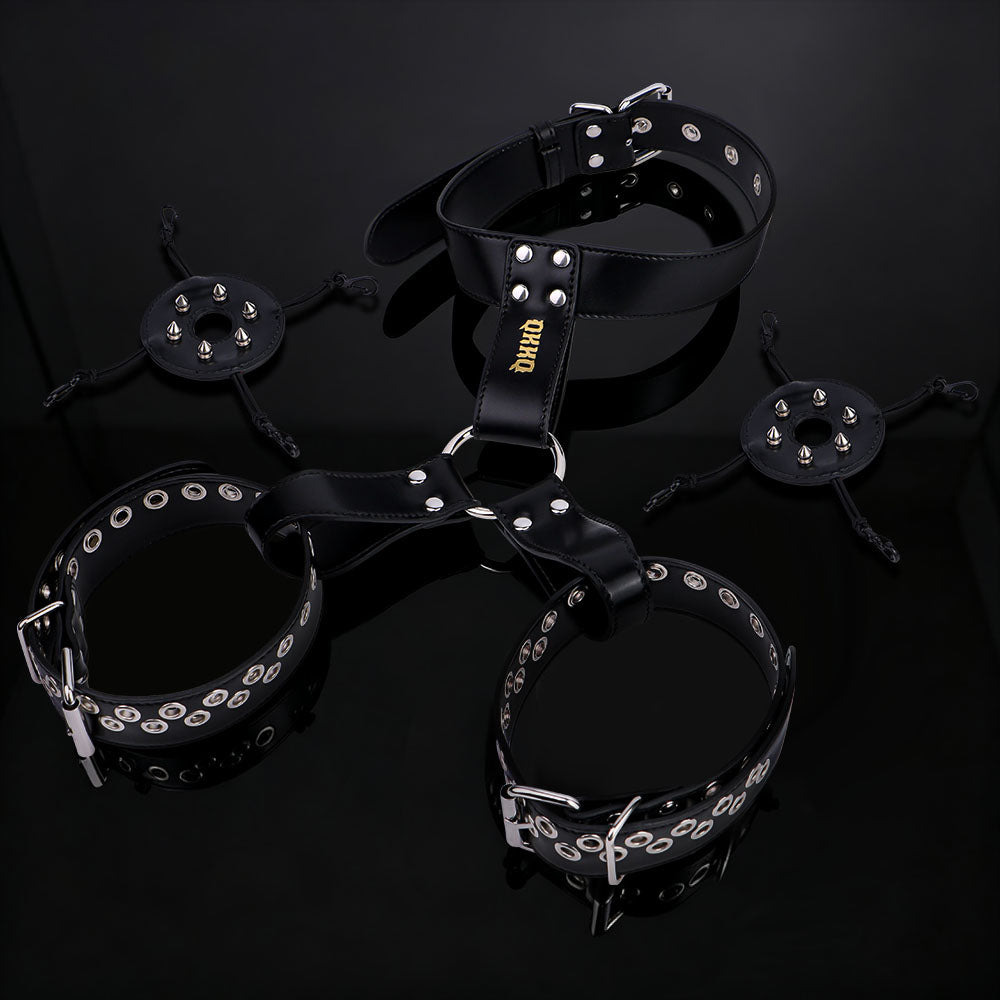 Spiked Leather Nipple Stimulators with Collar Harness — Lift, Expose & Tease in Pink or Black