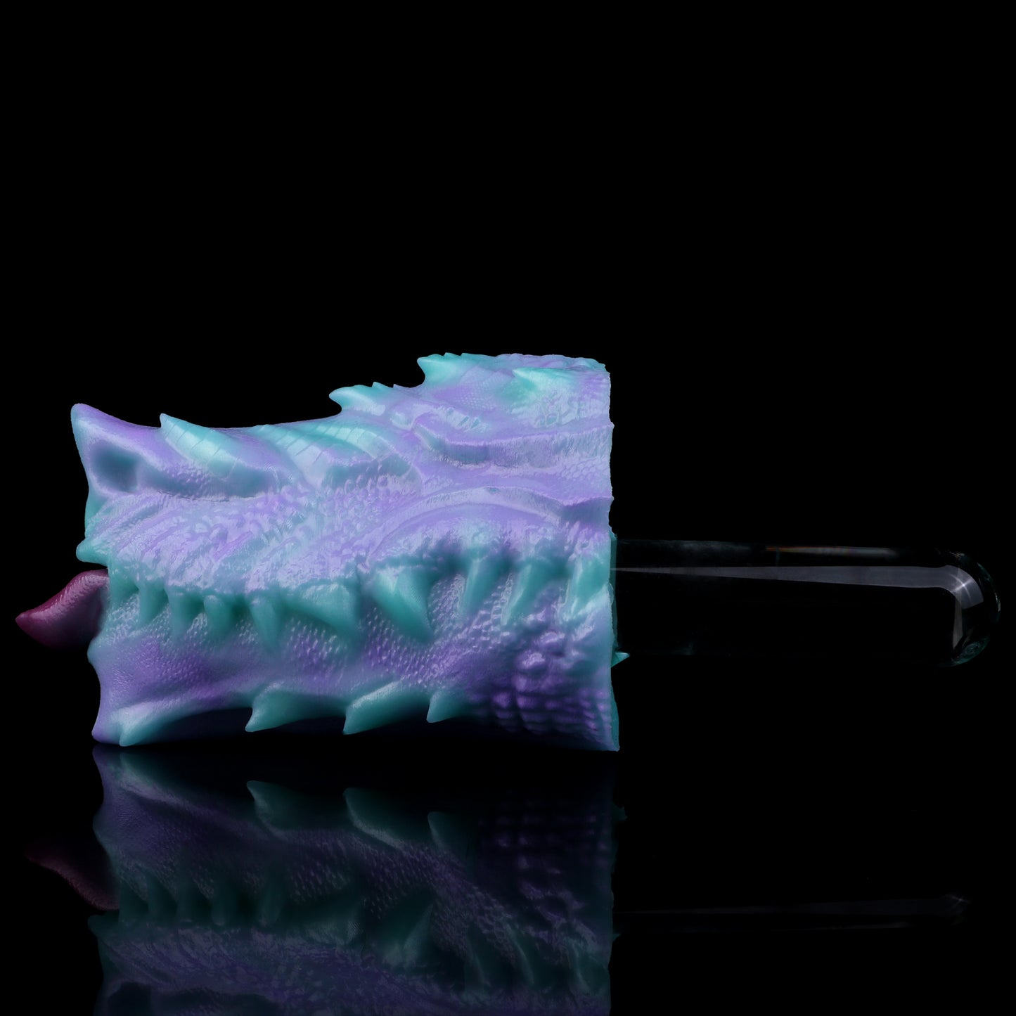 Dragon Mouth Pocket Pussy — Platinum Silicone Fantasy Dragon Masturbator in Teal & Purple with Scale Texture, Horns & Single-Channel Design