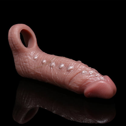 Textured Flesh-Brown Cock Sleeve: Studded Shaft Penis Extender with Bulbous Head & Erection Loop for Couples Play