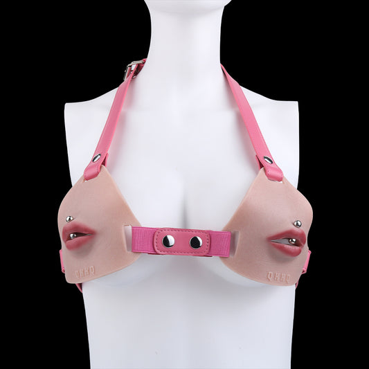 Pierced Lips Silicone Chest Harness — Hyper-Realistic BDSM Toys Body Strap with Removable Lip Studs & Leather Band