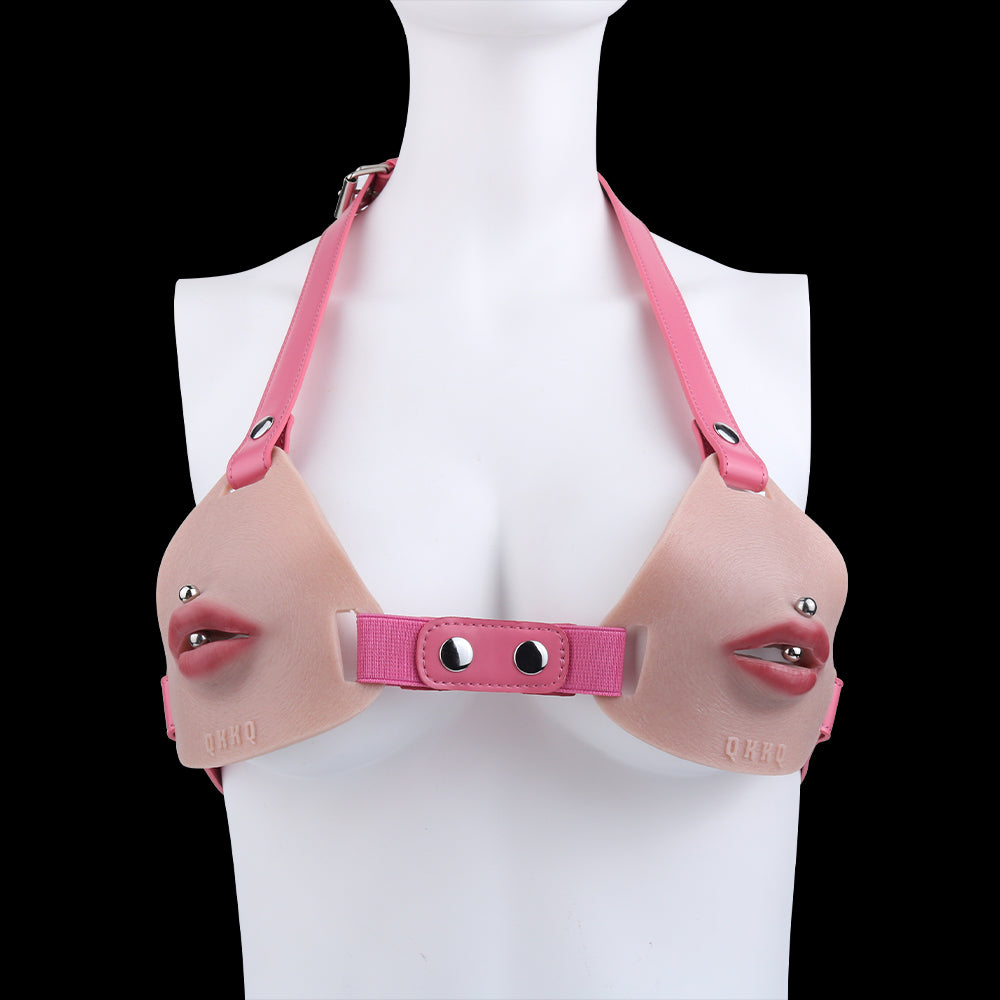 Pierced Lips Silicone Chest Harness — Hyper-Realistic BDSM Toys Body Strap with Removable Lip Studs & Leather Band