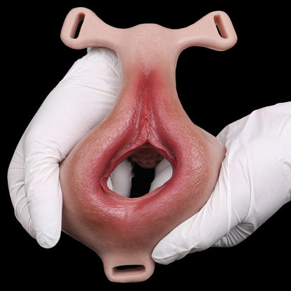 Realistic Vibrating Vulva Strap-On Massager — Dual-Stimulation Platinum Silicone Wearable Pussy Toy with Remote Control Vibration
