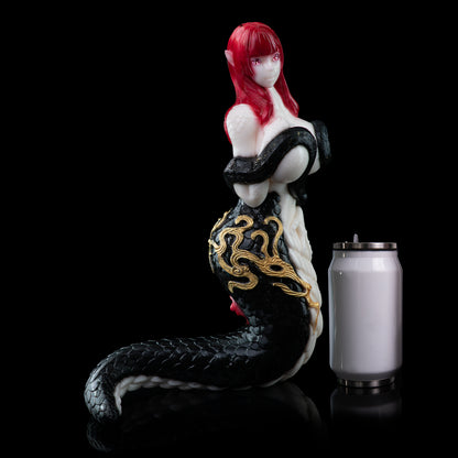 Snake Queen Sex Doll | Fantasy Serpent Goddess Stroker — Red-Haired Pointed-Ear Figurine, Black Snake-Scale Body, Gold Baroque Relief & Multi-Spiral Vaginal Channel in Platinum Silicone