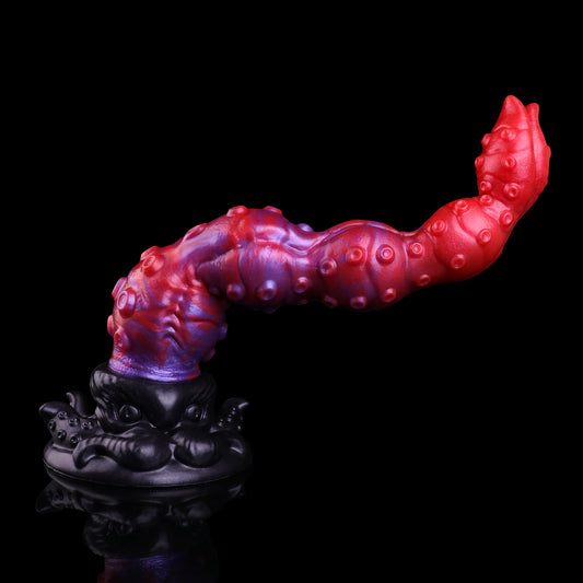 Crimson Tide — Marbled Red-Purple Tentacle Long Dildo, Platinum Silicone, Full-Shaft Sucker Rows & Sculpted Octopus Base