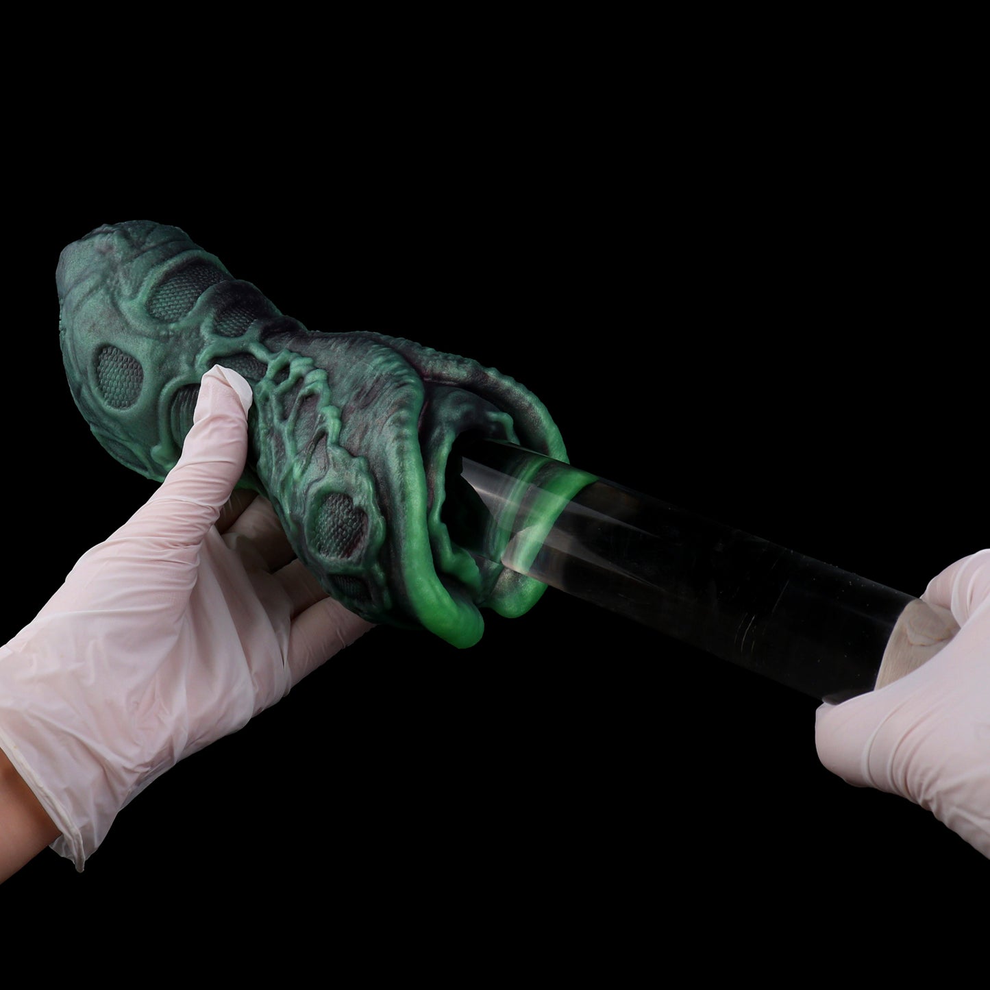 Alien Pocket Pussy with Neural Network Texture – Tubular Structure, Bioluminescent Green & Single Channel Made of Platinum Silicone