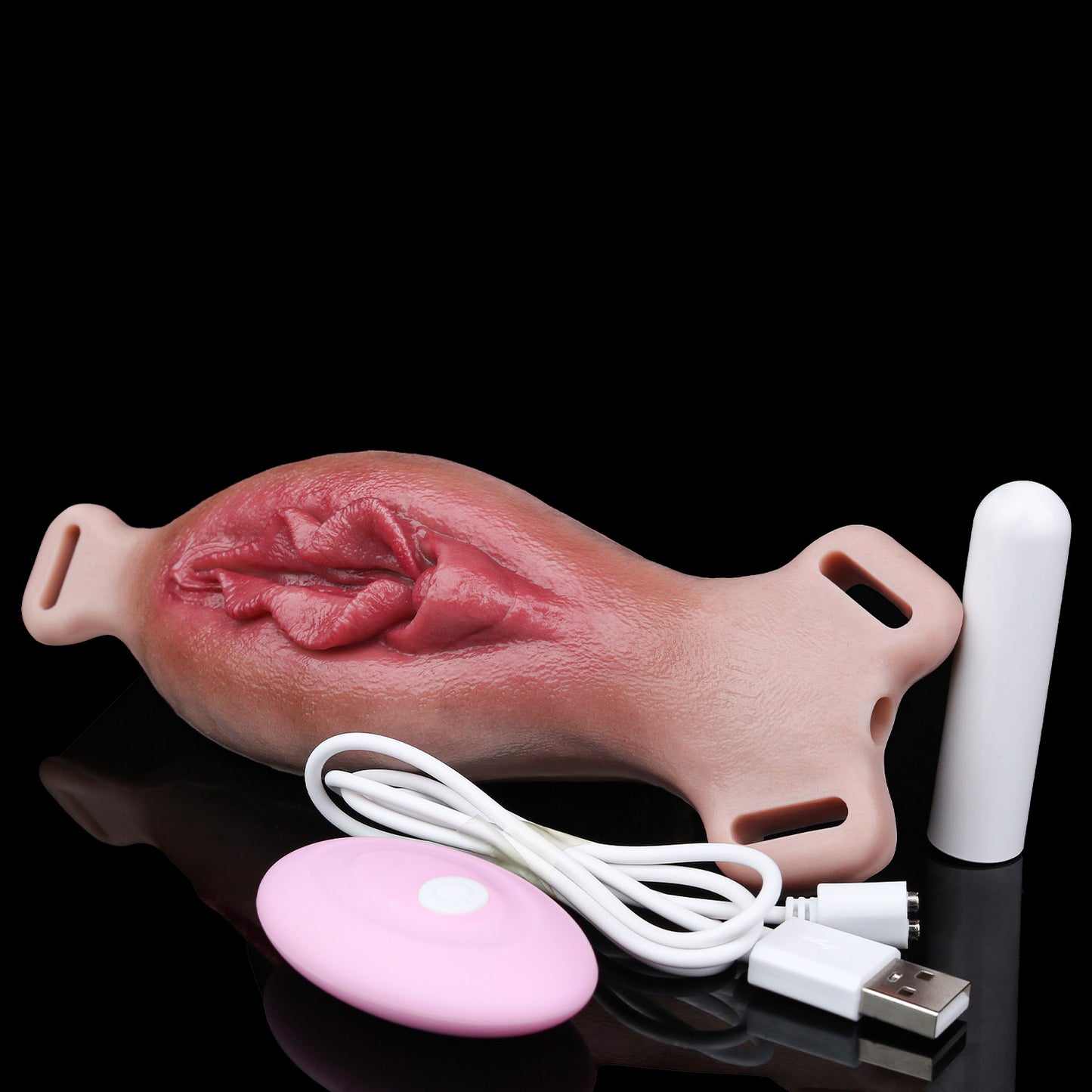 Organic Texture Fake Vagina Strap-On with Waist & Thigh Harness — Platinum Silicone Wearable Vulva Massager with Complex Rear Stimulation & Remote Vibration