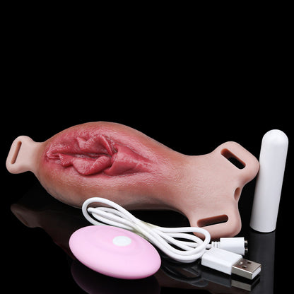 Organic Texture Fake Vagina Strap-On with Waist & Thigh Harness — Platinum Silicone Wearable Vulva Massager with Complex Rear Stimulation & Remote Vibration