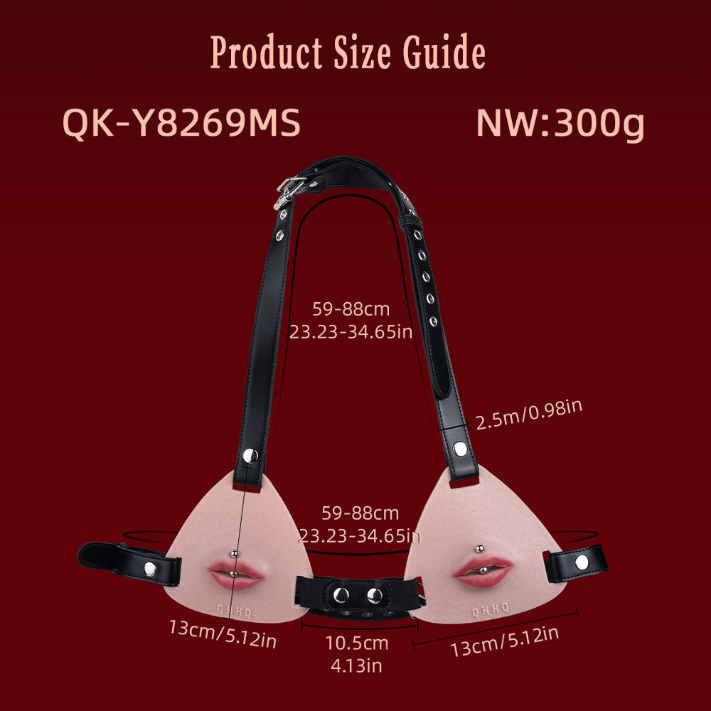 Pierced Lips Silicone Chest Harness — Hyper-Realistic BDSM Toys Body Strap with Removable Lip Studs & Leather Band