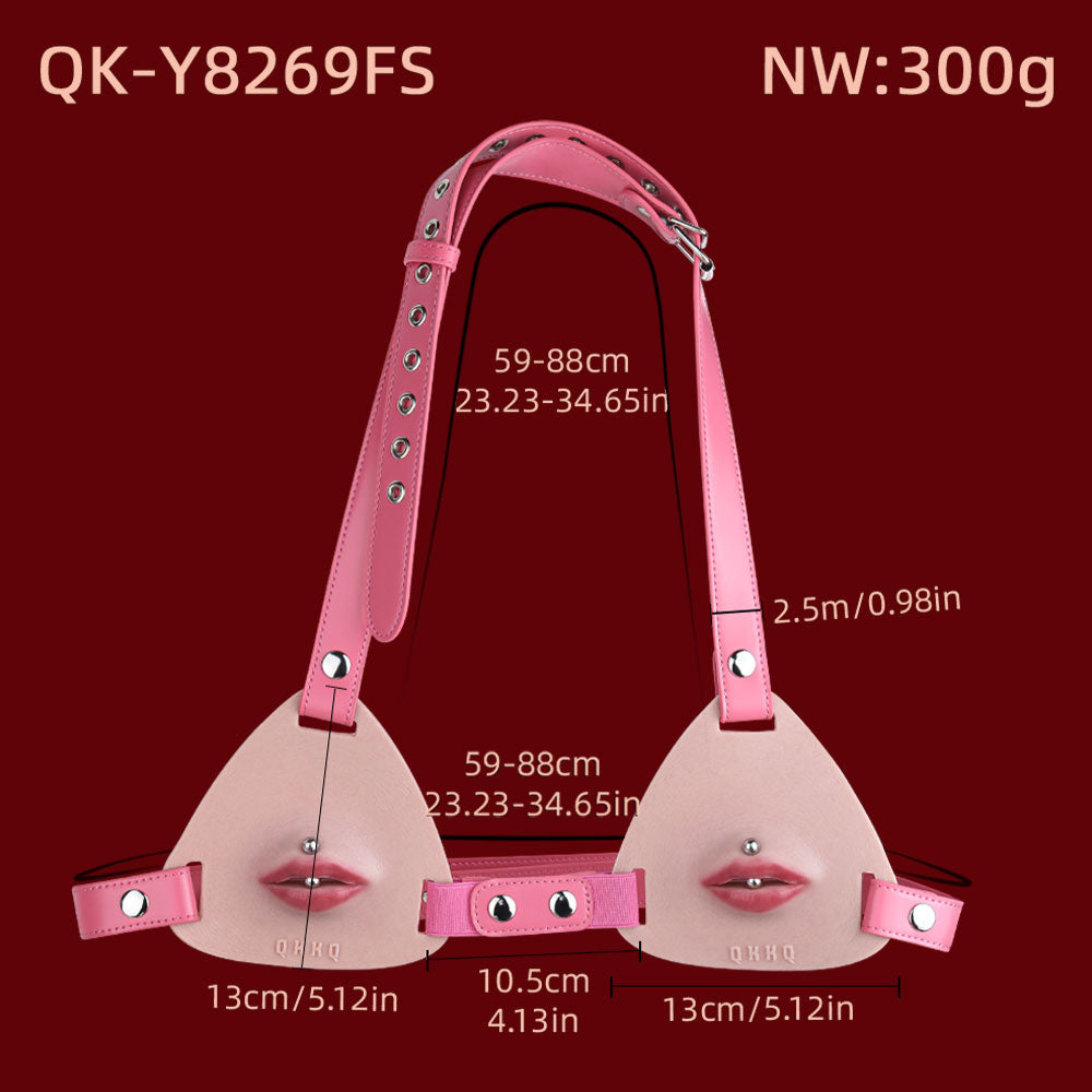 Pierced Lips Silicone Chest Harness — Hyper-Realistic BDSM Toys Body Strap with Removable Lip Studs & Leather Band