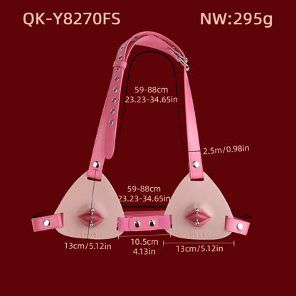 Tongue Stud Chest Harness — 3D Sculpted BDSM Toys with Removable Tongue Piercing & Adjustable Leather Strap