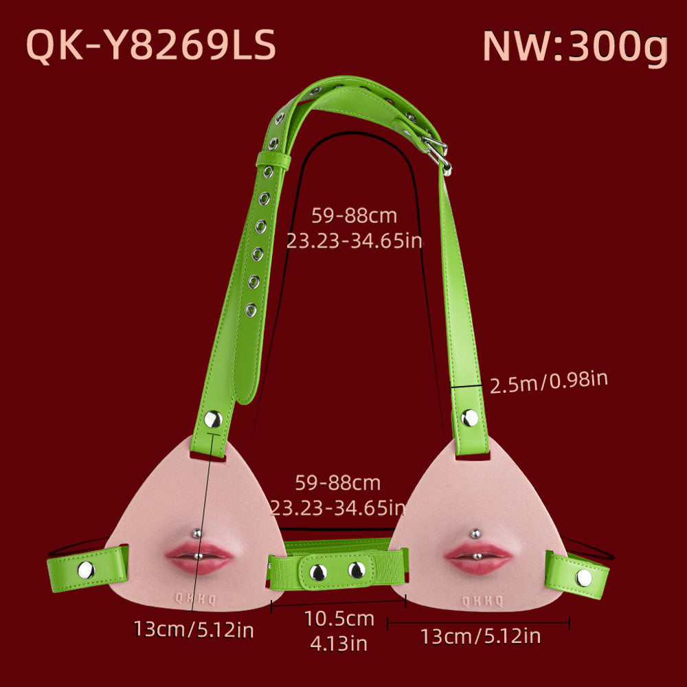 Pierced Lips Silicone Chest Harness — Hyper-Realistic BDSM Toys Body Strap with Removable Lip Studs & Leather Band