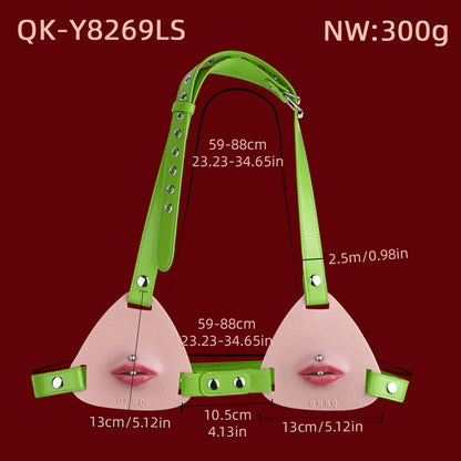 Pierced Lips Silicone Chest Harness — Hyper-Realistic BDSM Toys Body Strap with Removable Lip Studs & Leather Band