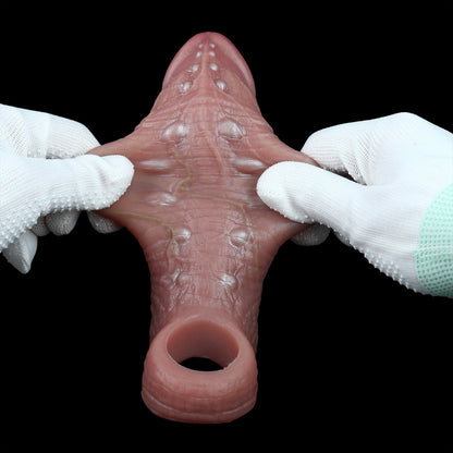 Textured Flesh-Brown Cock Sleeve: Studded Shaft Penis Extender with Bulbous Head & Erection Loop for Couples Play