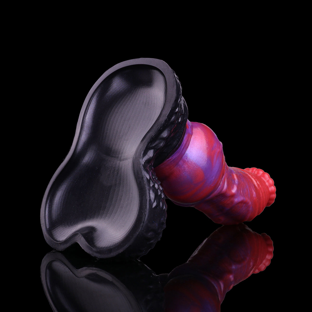 Scarlet Wraith — Knotted Fantasy Dog Dildo in Platinum Silicone, Crimson-Violet Marble, Nodule Corona, Rope-Twist Shaft, Wing Protrusions & Scale Testicle Suction Base