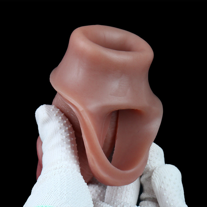 Ultra-Realistic Liquid Silicone Cock Sleeve Textured Penis Extender Sheath with Erection Ring & Ejaculation Tip for Couples Play