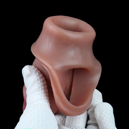 Ultra-Realistic Liquid Silicone Cock Sleeve Textured Penis Extender Sheath with Erection Ring & Ejaculation Tip for Couples Play