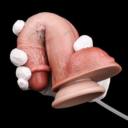 Large-Ball Squirting Dildo — Platinum Silicone, Coral-Rose Testicles, Full-Shaft Vein Texture & 3-Tool Ejaculation